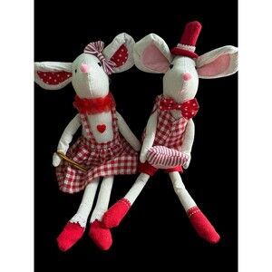 Valentine Decorative Mice Shelf Sitters Red Gingham Plush Figurines Set of 2